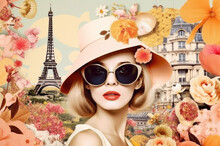 Beautiful Fashion Woman With Huge Sunglasses And Red Lips. 60s Floral Collage. Generative AI