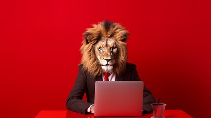 A lion boss is seen working on a laptop, set against a red background