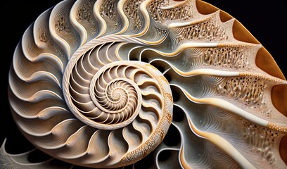  a close up of a spiral shaped object on a black background with a black background and a black background with a white and gold spiral pattern.  generative ai