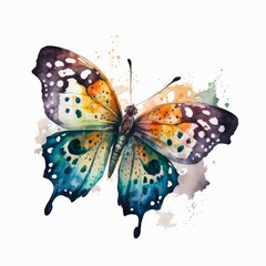 Wall Mural - Watercolor illustration of a colored butterfly on white background. Generative AI.