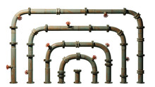 Metal Pipes With Valves, Collection Of Connectors And Rivets Isolated On Transparent Background