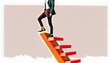 Stylized collage concept of a person feet stepping upward on a ladder, representing growth, career development, and personal achievements through determination and hard work. Generative AI