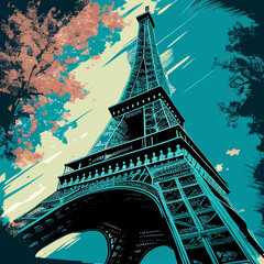 eiffel tower low angle vector illustration green shades