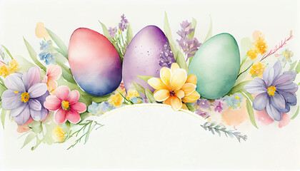 Wall Mural - Happy Easter banner with Easter eggs and flowers on a white background as a watercolor illustration, with copy space for your text, generative AI