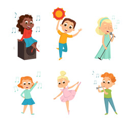 Wall Mural - Funny Boy and Girl Playing Musical Instrument, Dancing and Singing Vector Set