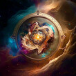 colorful and unreal illustration of space and time on a compass
