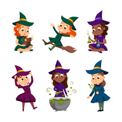 Poster - Happy Girl Witch in Dress and Pointed Hat Casting Spell Practising Witchcraft and Doing Magic Vector Set