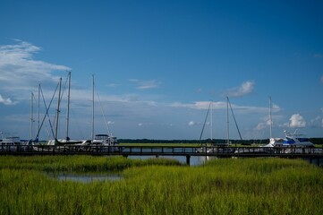 Sticker - Scenic view of yatch moored and green grasses on the swapy dock