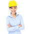 © Maridav - Engineer entrepreneur or architect business woman. Portrait of smiling happy proud confident young multiracial female professional wearing yellow hard hat isolated on transparent background PNG cutout