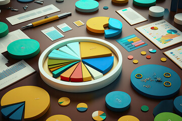 Big data analytics report. Infographic with graph and chart on abstract background. Distribution of data by business categories. Created with Generative AI