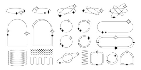 Wall Mural - set of y2k border line frames with stars, labels, stickers, abstract wavy and circle elements.