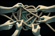 People working together to untangle a knotted rope. Generative ai