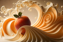 Strawberry In A Milk Splash. Fruits In Milk Splash. Fractal Waves. Abstract Background. Food Design. Generative AI Technology.. Generative AI Technology.