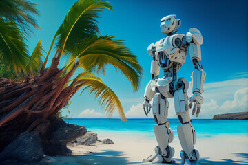 Wall Mural - A large combat robot on the beach of a luxurious tropical resort. AI Generated