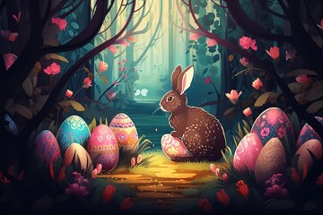 Easter bunny with chocolate eggs in the forest. Generative AI