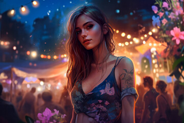 A beautiful hipster girl clubbing at a hot summer holiday weekend open air festival music concert. Vacation nightlife. Generative AI