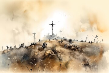 Good Friday On Mount Calvary - Watercolor. Generative AI