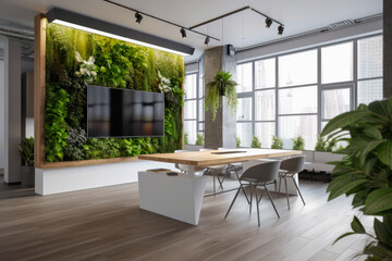 eco-friendly office meeting room interior with biophilic design elements. big blank tv screen. gener