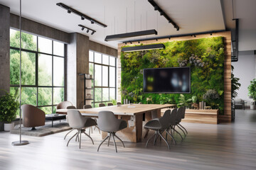 eco-friendly office meeting room interior with biophilic design elements. big blank tv screen. gener