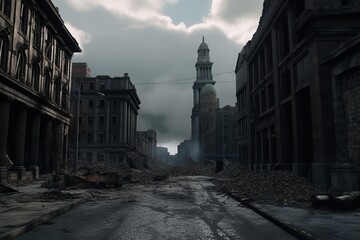 Wall Mural - UK streets of London after a military strike. Dramatic scenes of destruction and human loss.