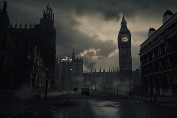 Wall Mural - UK streets of London after a military strike. Dramatic scenes of destruction and human loss.