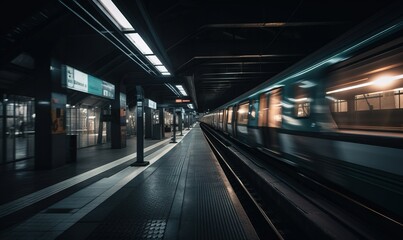  a train traveling down train tracks next to a train station.  generative ai