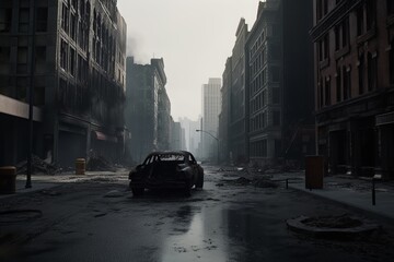 Wall Mural - UK streets of London after a military strike. Dramatic scenes of destruction and human loss.