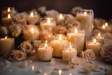  a table topped with lots of white candles and flowers on top of it.  generative ai