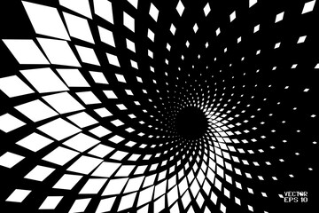 Poster - Abstract Black and White Geometric Pattern with Squares. Spiral-like Spotted Tunnel. Contrasty Halftone Optical Psychedelic Illusion. Vector. 3D Illustration