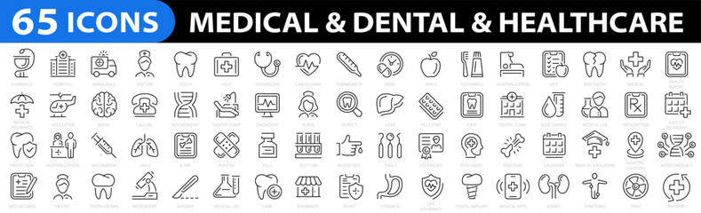 medicine and health. dental icon set. healthcare icon collection. medicine outline 65 icon set. vect