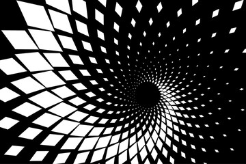 Wall Mural - Abstract Black and White Geometric Pattern with Squares. Spiral-like Spotted Tunnel. Contrasty Halftone Optical Psychedelic Illusion. Raster. 3D Illustration