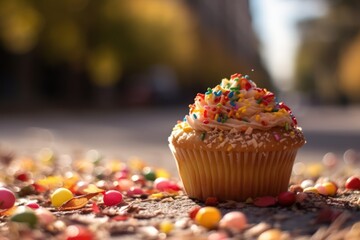 Wall Mural - Cupcake with pink frosting and sprinkles, generative ai