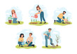 People gardening in spring. Men and women planting, watering and taking care of plants. Vector illustartion set in flat cartoon style