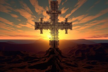 Wall Mural - Jesus Christ - Cross At Sunset. Generative AI