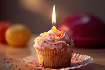 Wall Mural - Birthday cupcake with candle, generative ai