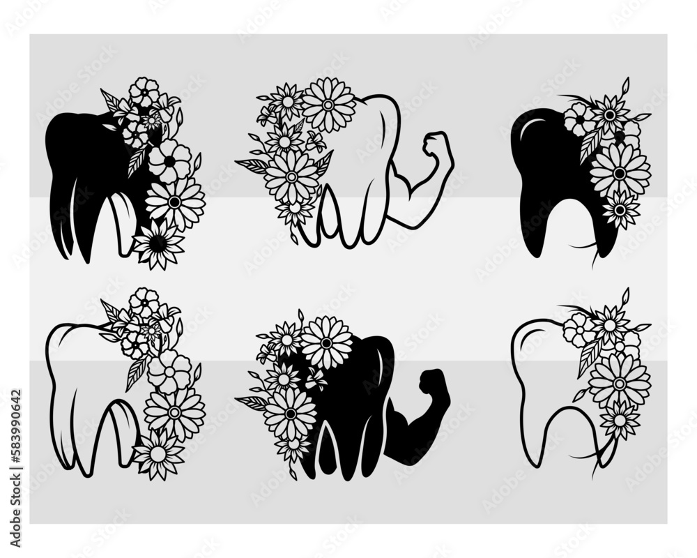 Tooth Vector Svg Floral And Tooth SVG, Tooth, Human Teeth, Dental Svg, Wisdom Teeth Svg ...