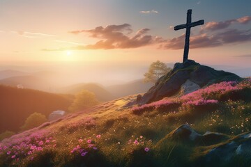 Wall Mural - Religious cross on hilltop with spring flowers and sunrise. Generative AI