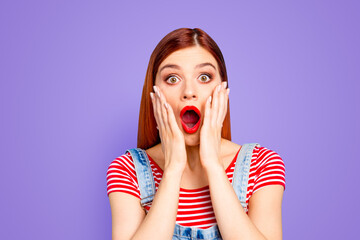 Canvas Print - Big discount for summer trip all included Shocked face of a girl with an open mouth and eyes isolated on vivid blue background