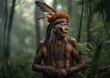 Portrait of elderly man from indigenous tribe of Amazon rainforest. Concept of shamanism and Ayahuasca ceremony. Generative AI.