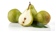 Ripe Green Pears Isolated With Leaves Isolated On White,  Created Using Generative AI Tools.