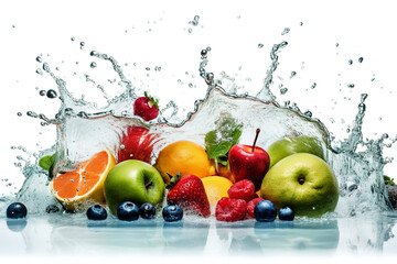 Wall Mural - Healthy food diet freshness concept. Fresh multi fruits and vegetables splashing blue clear water. Isolated white background AI generated illustration.