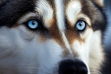 Sticker - close-up of husky's beautiful eyes, with the snow and wilderness in the background, created with generative ai