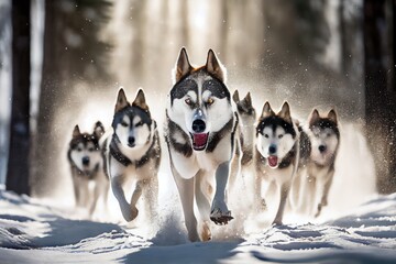 Wall Mural - husky sled dog team running through snow-covered forest, created with generative ai