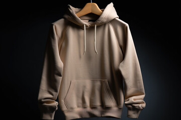 Wall Mural -  a beige hoodie hanging on a hanger on a black background.  generative ai