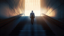 Businessman Walking On Stairs Upstairs Towards The Light. Growth And Business Success Concept. Generative AI	