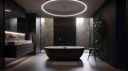 Award-winning bathroom bathtub interior design. Luxury black marble dark style. Black bathtub in the middle of the glass windows bathroom. Generative AI