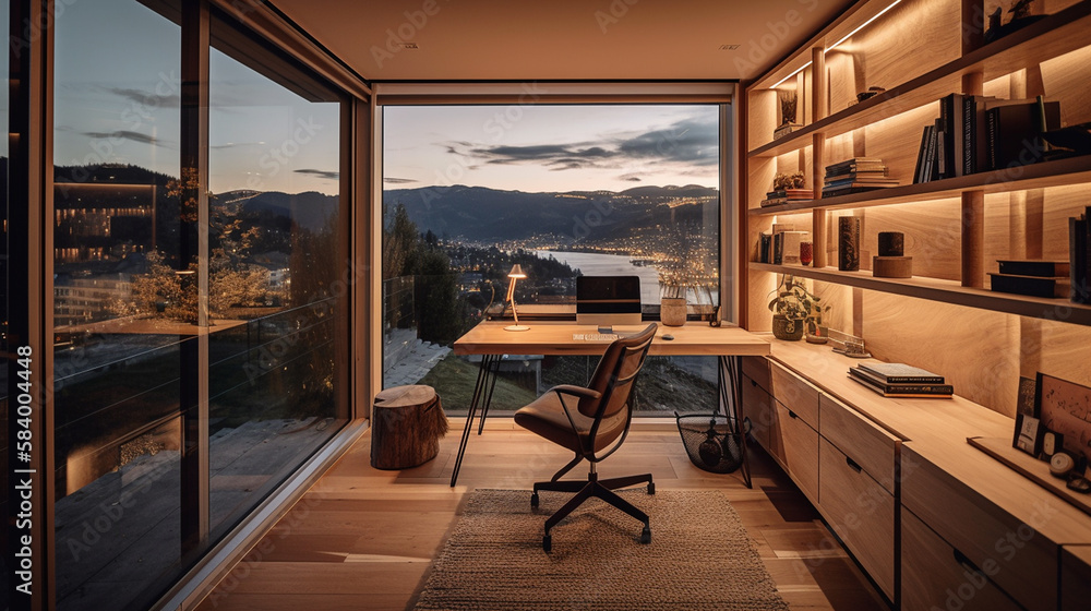 luxury home office with large windows and beautiful sunset views ...