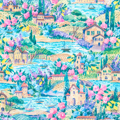 Watercolor Italian summer landscape seamless pattern