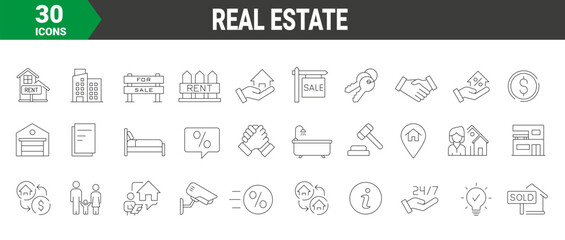 Wall Mural - set of 30 line web icons real estate. Included icons such as real estate, mortgage, home loan. Collection of Outline Icons. Vector illustration.