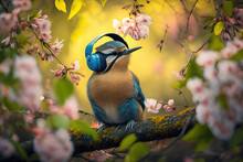 Bird Listening Music In Headphones Sitting On Blossoming Tree, Generative AI